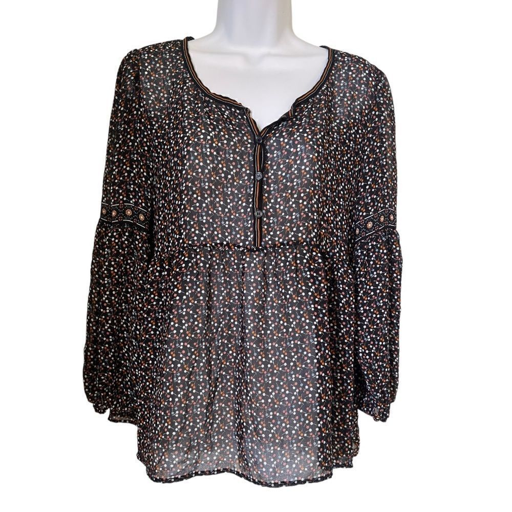 Max Studio Sheer Black Multicolor Long Sleeve empire Waist Blouse top sz M